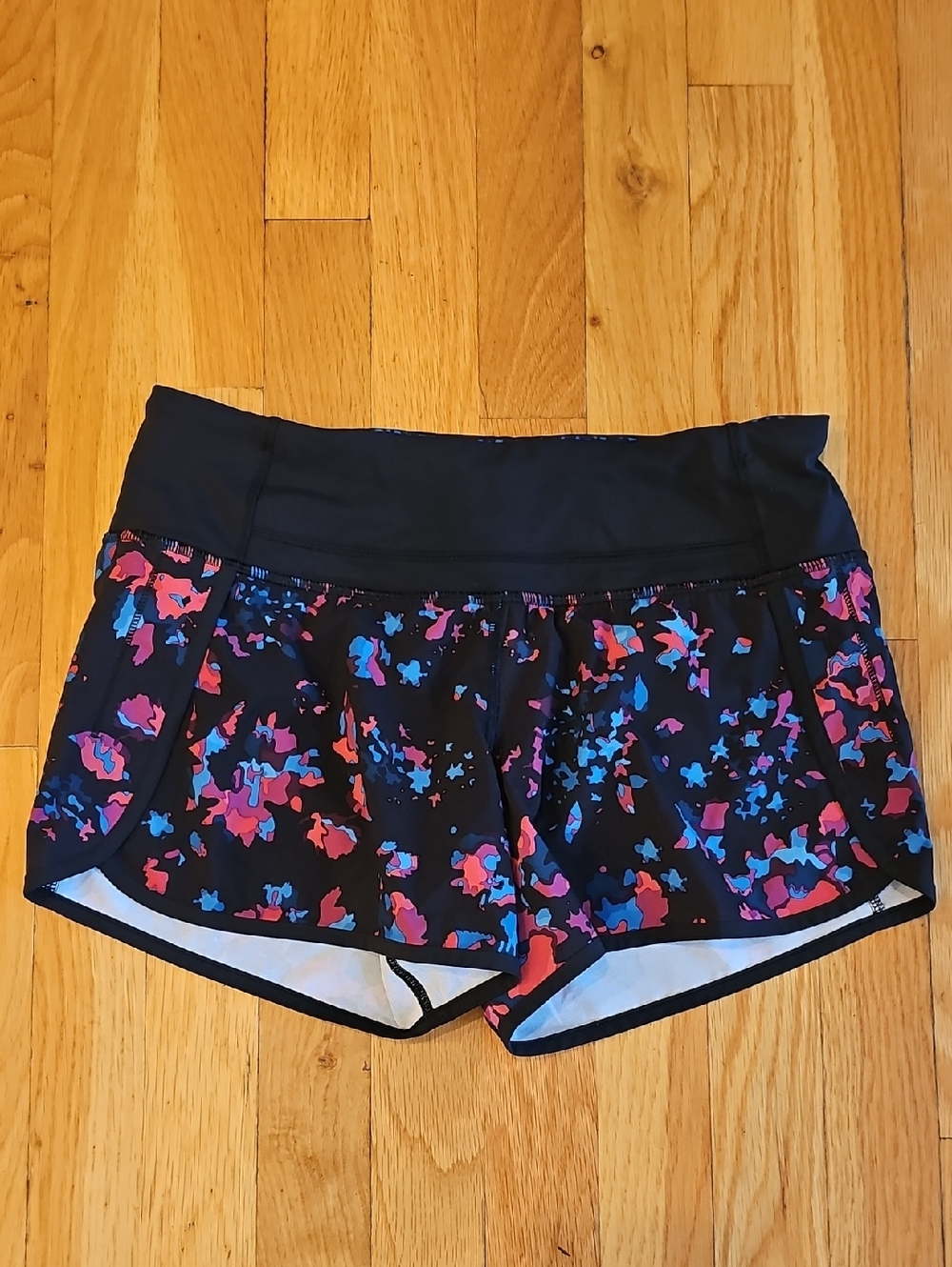 lululemon athletica Black Athletic Shorts with Pink and Blue Print